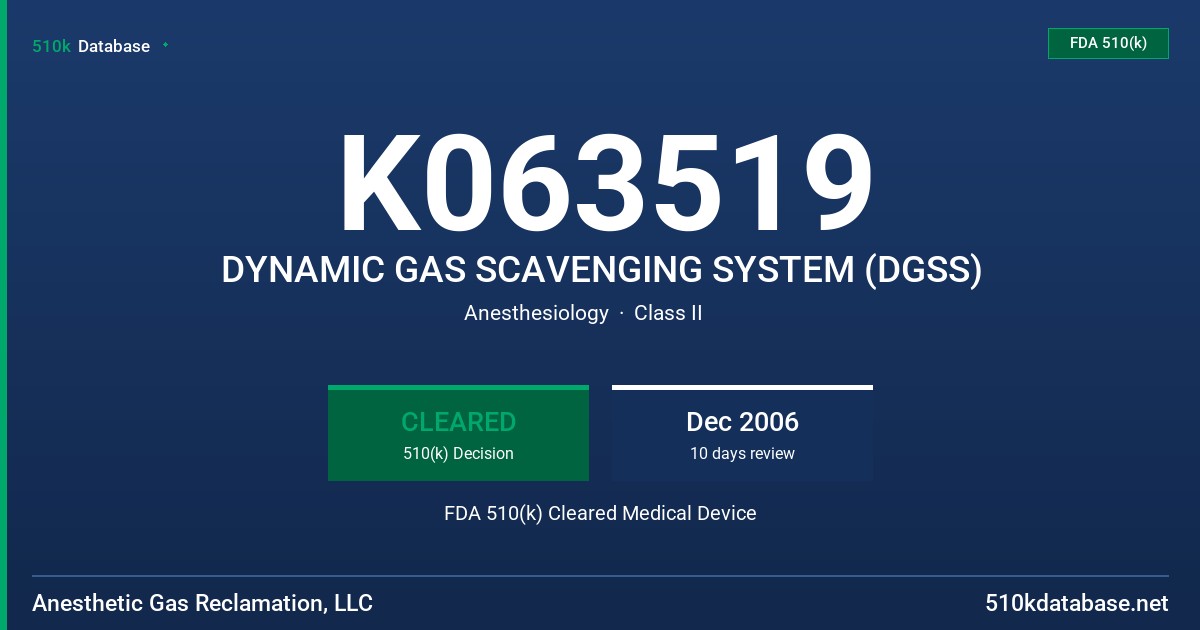K063519 DYNAMIC GAS SCAVENGING SYSTEM (DGSS) FDA 510(k) Cleared Medical Device