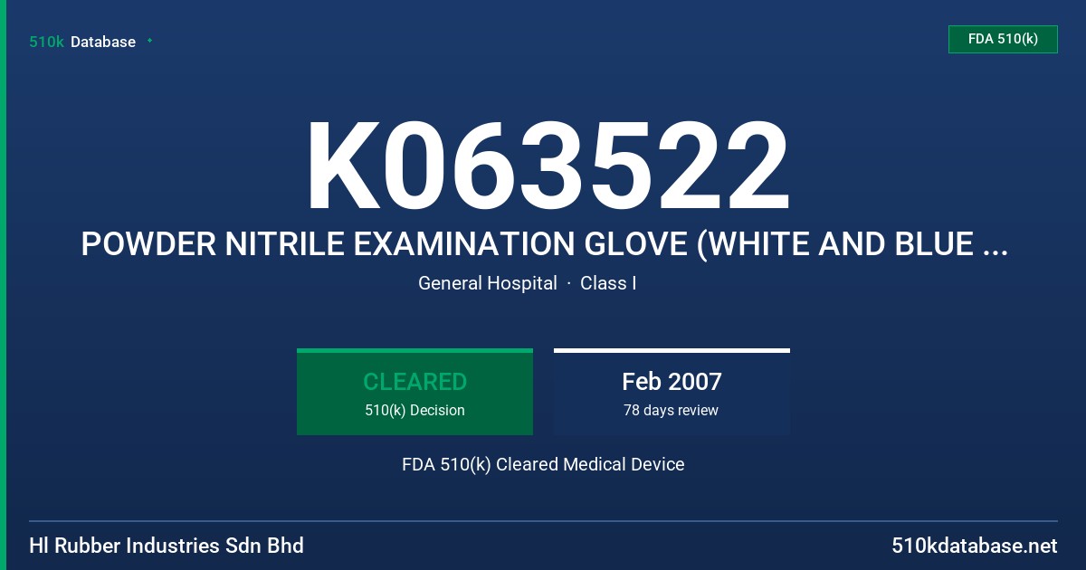 K063522 POWDER NITRILE EXAMINATION GLOVE (WHITE AND BLUE COLOR) FDA 510(k) Cleared Medical Device