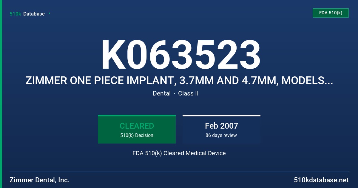 K063523 ZIMMER ONE PIECE IMPLANT, 3.7MM AND 4.7MM, MODELS ZOP37S10, 11, 13, 16 FDA 510(k) Cleared Medical Device