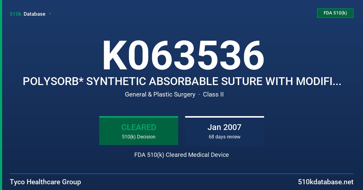 K063536 POLYSORB* SYNTHETIC ABSORBABLE SUTURE WITH MODIFIED PACKAGING FDA 510(k) Cleared Medical Device