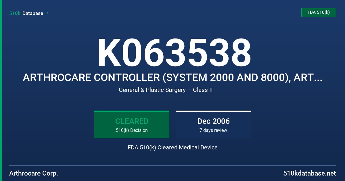 K063538 ARTHROCARE CONTROLLER (SYSTEM 2000 AND 8000), ARTHROCARE PATIENT CABLE, FOOT CONTROL, POWER CORD AND WANDS FDA 510(k) Cleared Medical Device