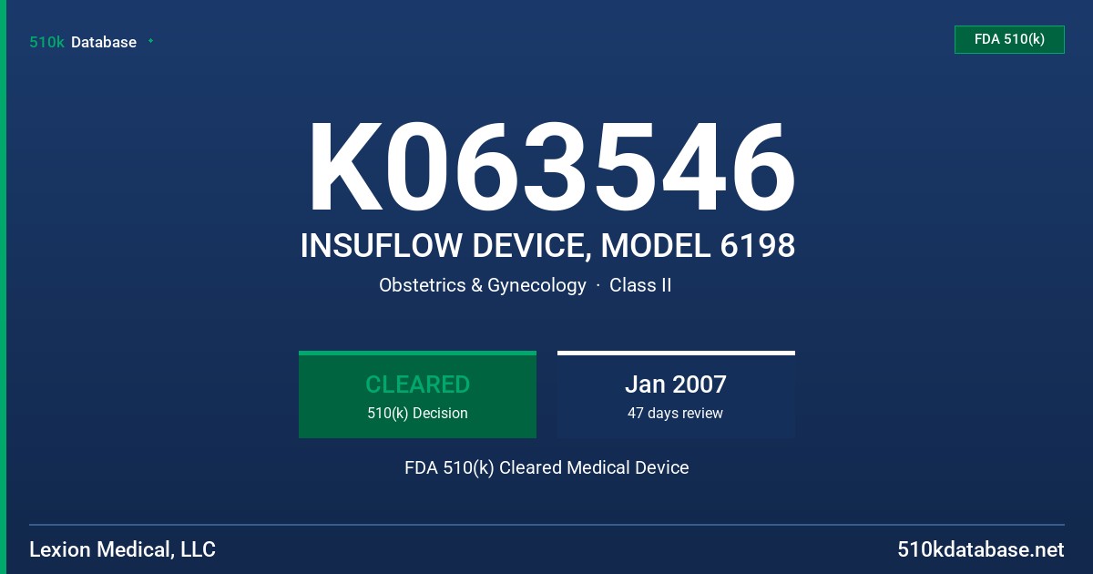 K063546 INSUFLOW DEVICE, MODEL 6198 FDA 510(k) Cleared Medical Device