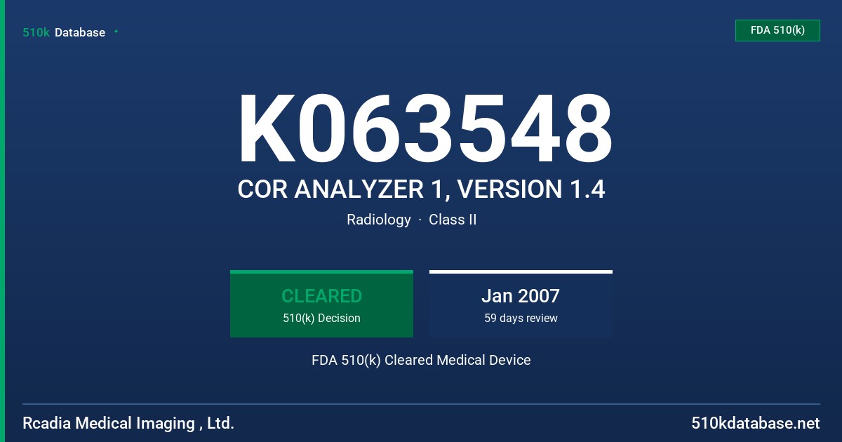 K063548 COR ANALYZER 1, VERSION 1.4 FDA 510(k) Cleared Medical Device