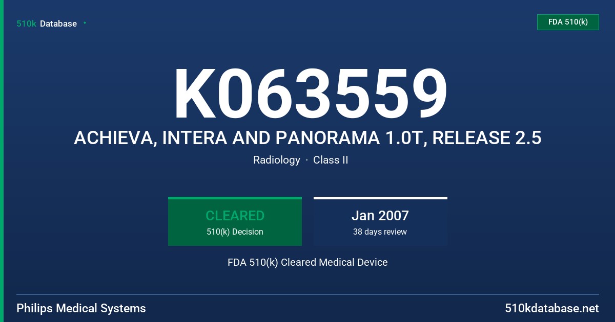 K063559 ACHIEVA, INTERA AND PANORAMA 1.0T, RELEASE 2.5 FDA 510(k) Cleared Medical Device