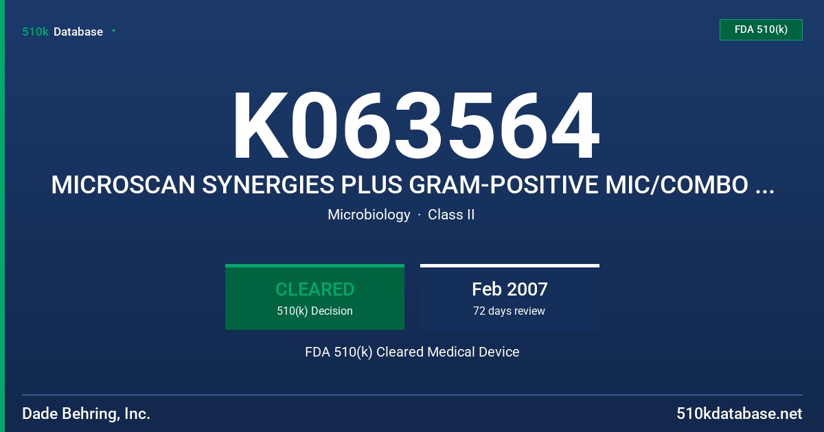 K063564 MICROSCAN SYNERGIES PLUS GRAM-POSITIVE MIC/COMBO PANELS WITH CHLORAMPHENICOL (4-16 UG/ML) FDA 510(k) Cleared Medical Device