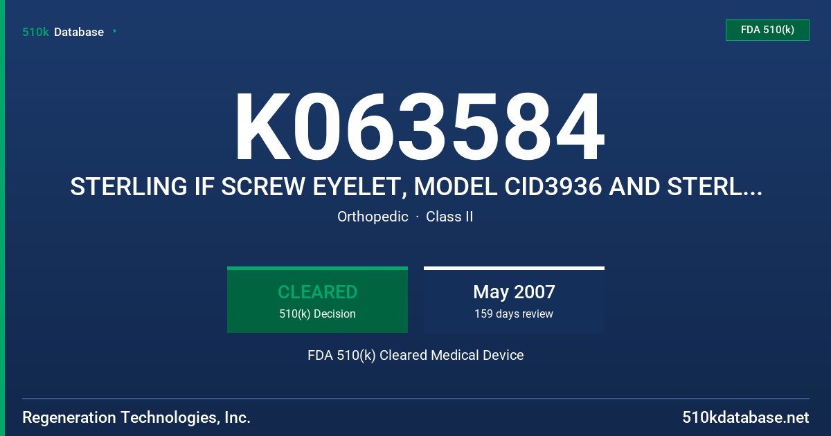 K063584 STERLING IF SCREW EYELET, MODEL CID3936 AND STERLING CROSS-PIN EYELET, MODEL CID3937 FDA 510(k) Cleared Medical Device