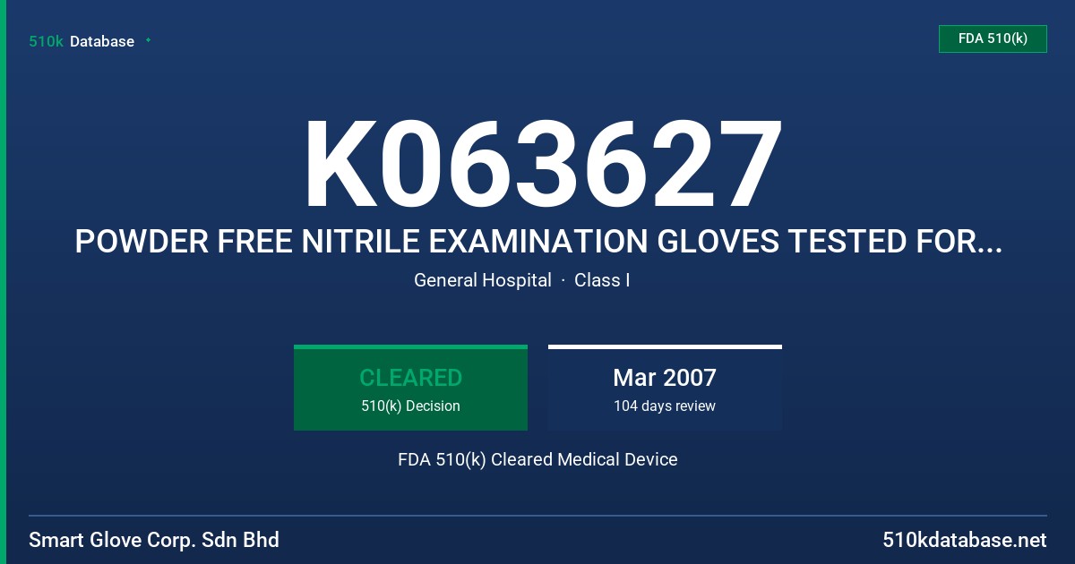 K063627 POWDER FREE NITRILE EXAMINATION GLOVES TESTED FOR USE WITH CHEMOTHERAPY DRUGS (BLUE) FDA 510(k) Cleared Medical Device