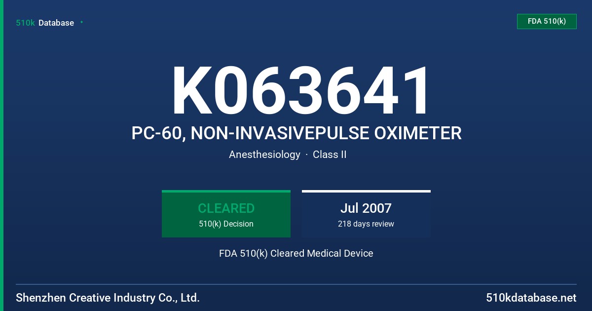 K063641 PC-60, NON-INVASIVEPULSE OXIMETER FDA 510(k) Cleared Medical Device