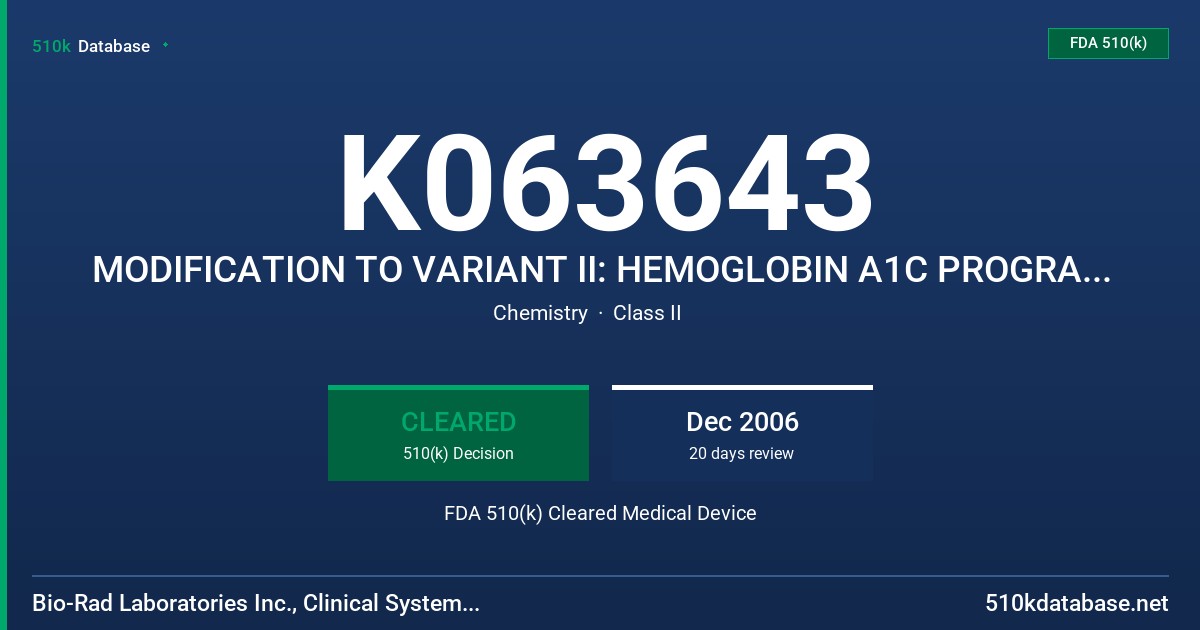 K063643 MODIFICATION TO VARIANT II: HEMOGLOBIN A1C PROGRAM, BETA-THALASSEMIA SHORT PROGRAM AND TOTAL GHB PROGRAM FDA 510(k) Cleared Medical Device