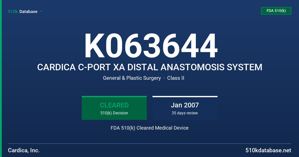 K063644 CARDICA C-PORT XA DISTAL ANASTOMOSIS SYSTEM FDA 510(k) Cleared Medical Device