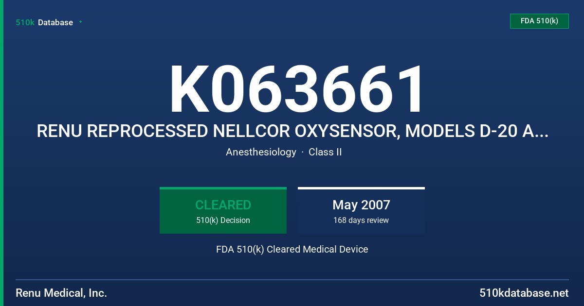 K063661 RENU REPROCESSED NELLCOR OXYSENSOR, MODELS D-20 AND I-20 FDA 510(k) Cleared Medical Device