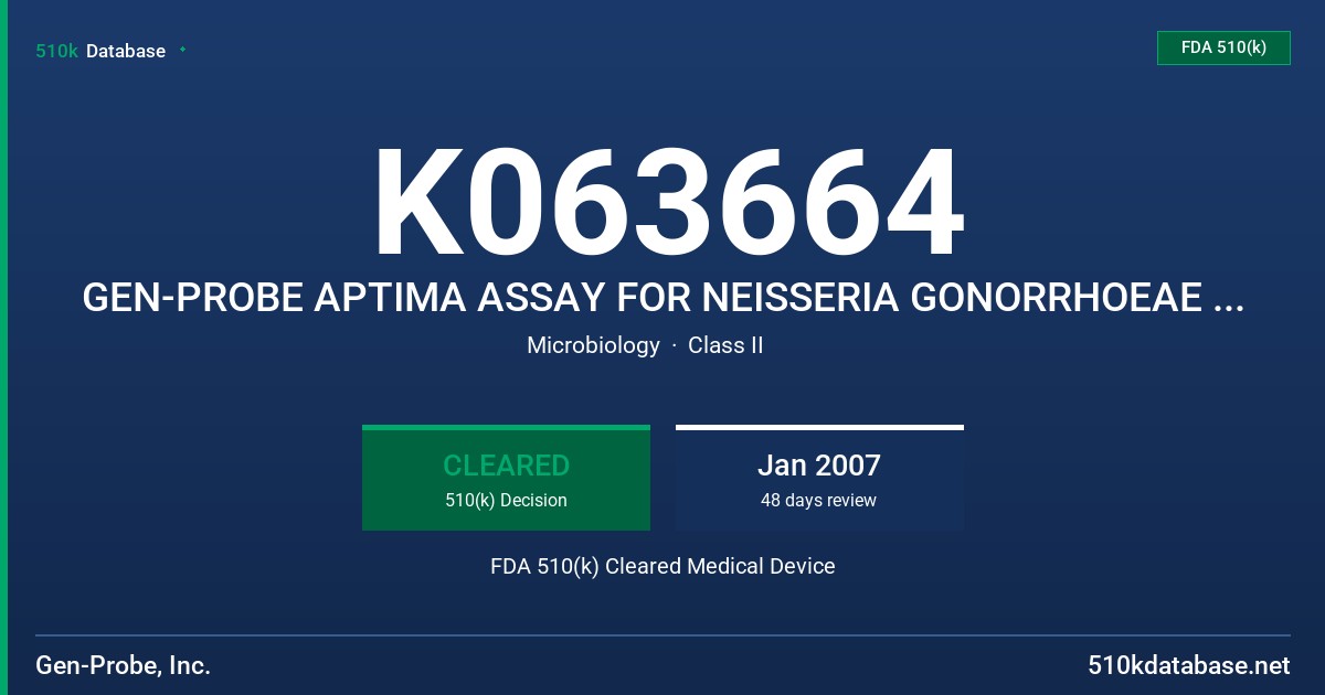 K063664 GEN-PROBE APTIMA ASSAY FOR NEISSERIA GONORRHOEAE MODEL#1091 FDA 510(k) Cleared Medical Device