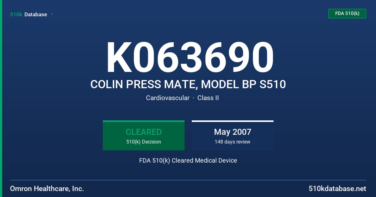 K063690 COLIN PRESS MATE, MODEL BP S510 FDA 510(k) Cleared Medical Device