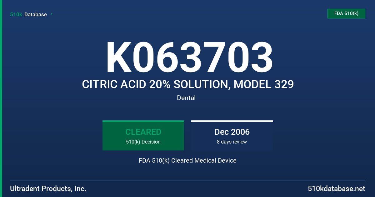 K063703 CITRIC ACID 20% SOLUTION, MODEL 329 FDA 510(k) Cleared Medical Device