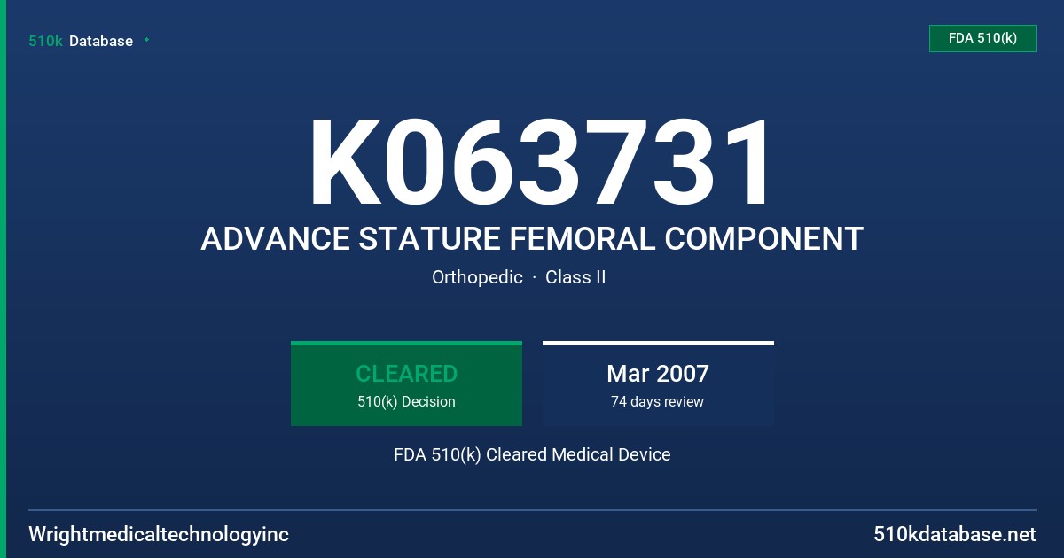 K063731 ADVANCE STATURE FEMORAL COMPONENT FDA 510(k) Cleared Medical Device