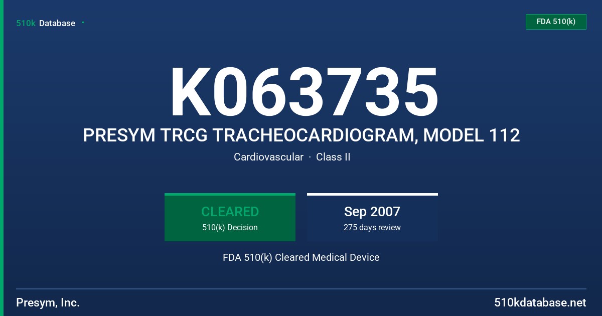 K063735 PRESYM TRCG TRACHEOCARDIOGRAM, MODEL 112 FDA 510(k) Cleared Medical Device