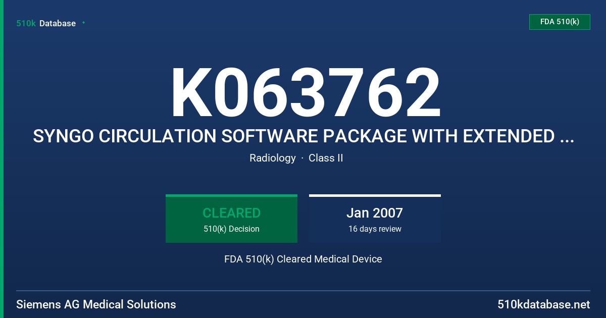 K063762 SYNGO CIRCULATION SOFTWARE PACKAGE WITH EXTENDED FUNCTIONALITY FDA 510(k) Cleared Medical Device