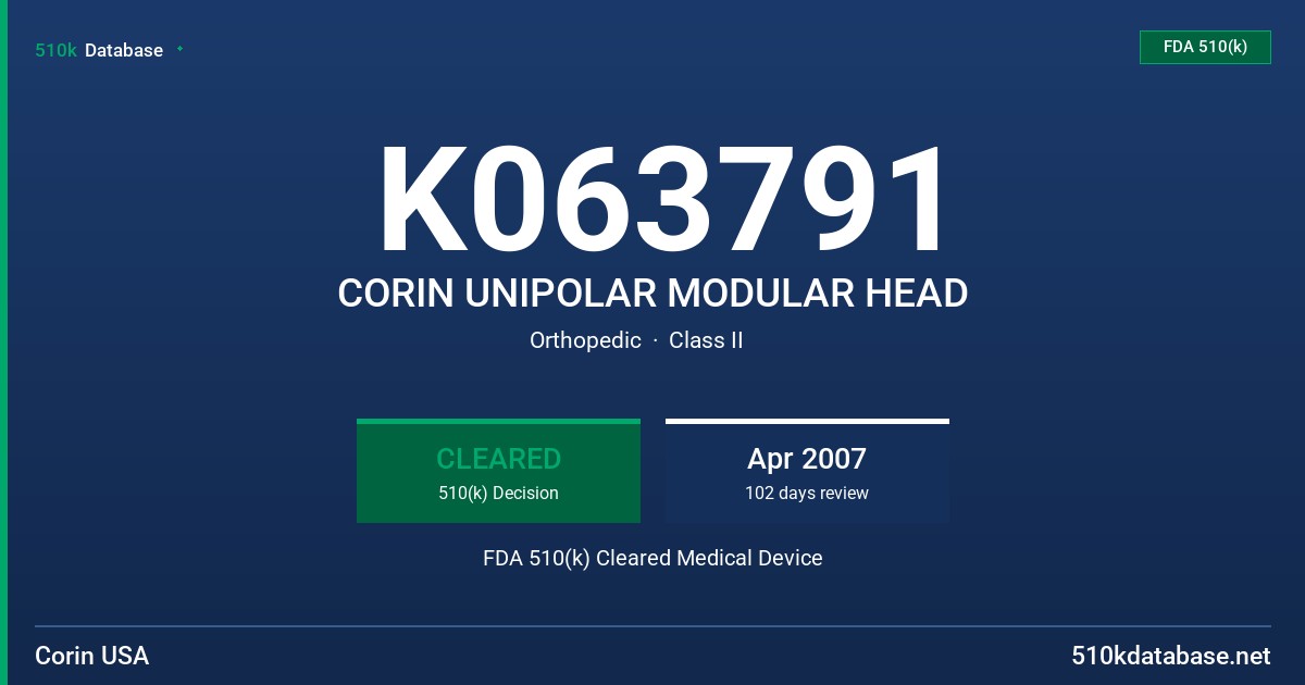 K063791 CORIN UNIPOLAR MODULAR HEAD FDA 510(k) Cleared Medical Device