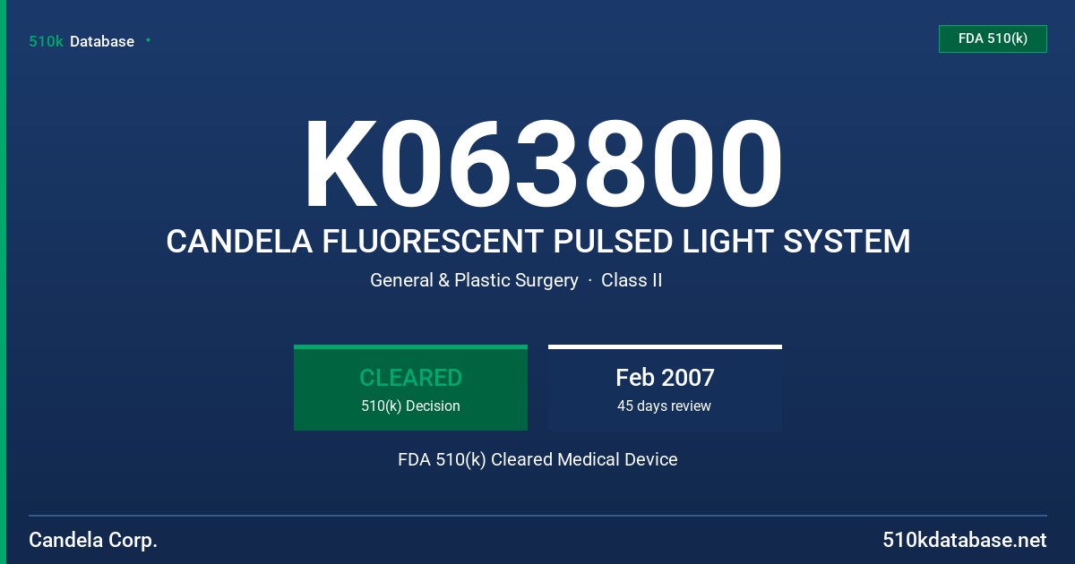 K063800 CANDELA FLUORESCENT PULSED LIGHT SYSTEM FDA 510(k) Cleared Medical Device
