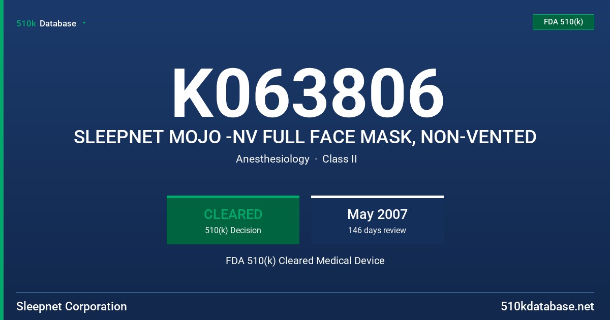 K063806 SLEEPNET MOJO -NV FULL FACE MASK, NON-VENTED FDA 510(k) Cleared Medical Device