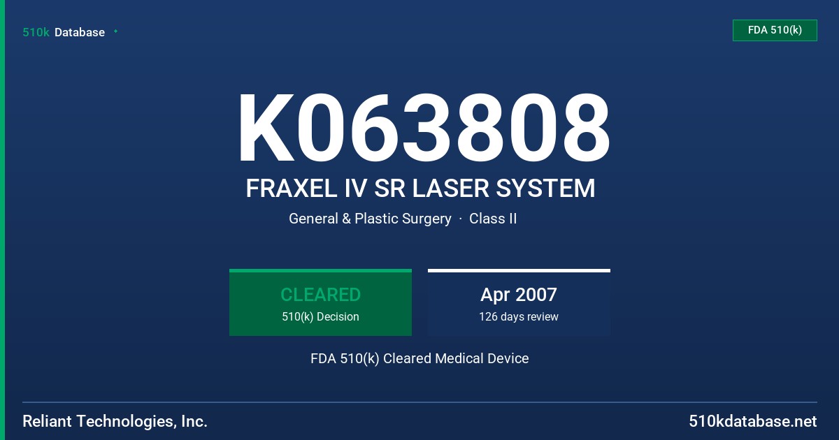 K063808 FRAXEL IV SR LASER SYSTEM FDA 510(k) Cleared Medical Device
