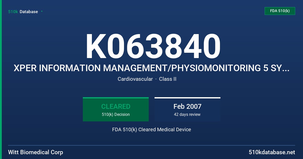 K063840 XPER INFORMATION MANAGEMENT/PHYSIOMONITORING 5 SYSTEM AND/OR VASCULAR 5, PATIENT CARE CONSOLE AND CENTRAL STATION FDA 510(k) Cleared Medical Device