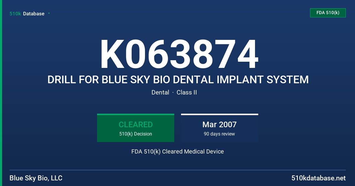 K063874 DRILL FOR BLUE SKY BIO DENTAL IMPLANT SYSTEM FDA 510(k) Cleared Medical Device