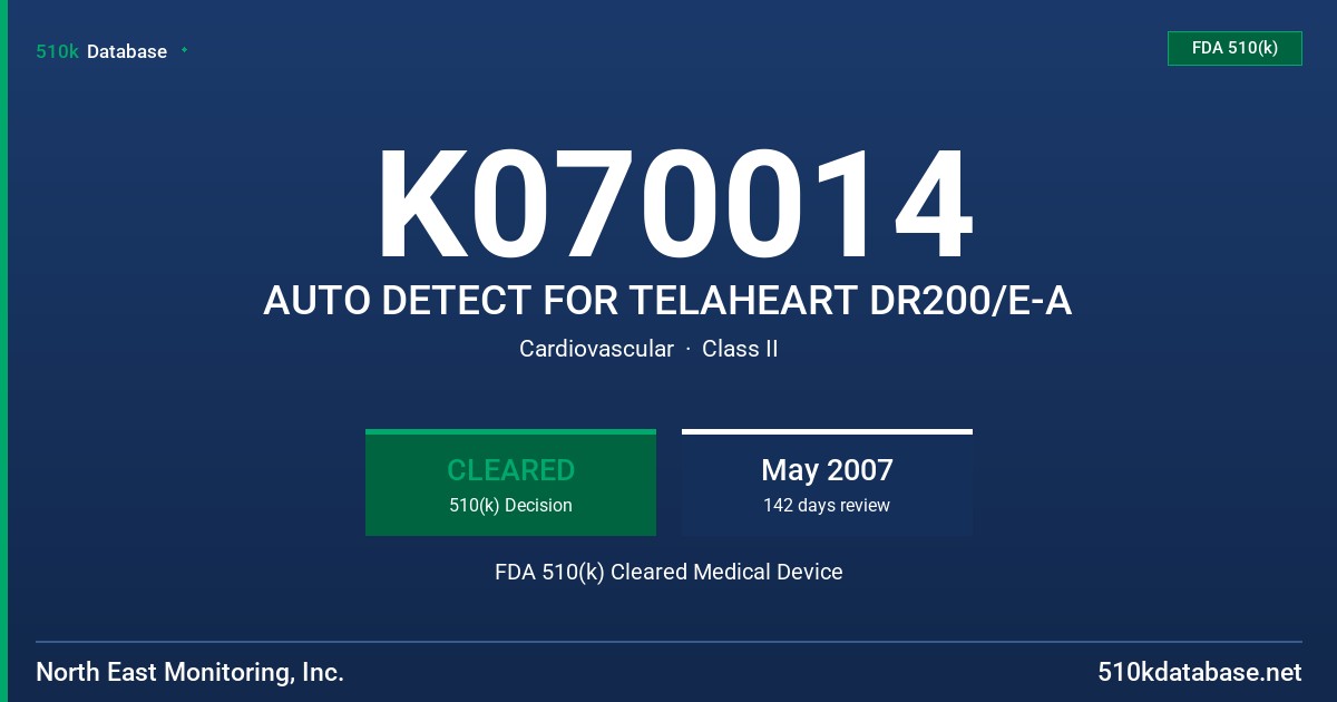 K070014 AUTO DETECT FOR TELAHEART DR200/E-A FDA 510(k) Cleared Medical Device