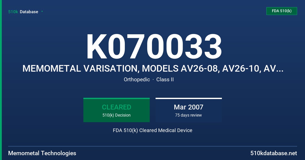 K070033 MEMOMETAL VARISATION, MODELS AV26-08, AV26-10, AV90-08 AND AV90-10 FDA 510(k) Cleared Medical Device
