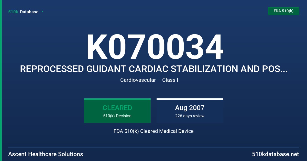 K070034 REPROCESSED GUIDANT CARDIAC STABILIZATION AND POSITIONING DEVICES FDA 510(k) Cleared Medical Device