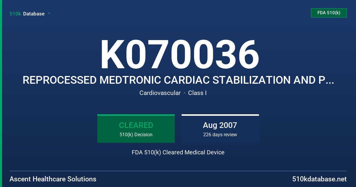 K070036 REPROCESSED MEDTRONIC CARDIAC STABILIZATION AND POSITIONING DEVICES FDA 510(k) Cleared Medical Device
