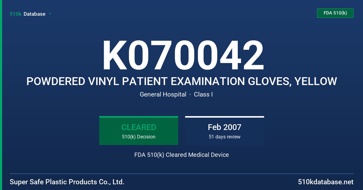 K070042 POWDERED VINYL PATIENT EXAMINATION GLOVES, YELLOW FDA 510(k) Cleared Medical Device