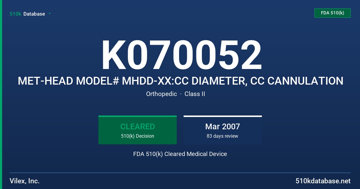 K070052 MET-HEAD MODEL# MHDD-XX:CC DIAMETER, CC CANNULATION FDA 510(k) Cleared Medical Device