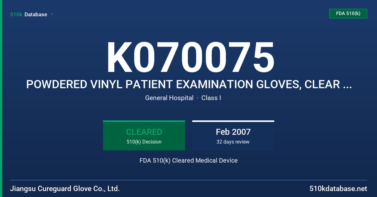 K070075 POWDERED VINYL PATIENT EXAMINATION GLOVES, CLEAR (NON-COLORED) FDA 510(k) Cleared Medical Device