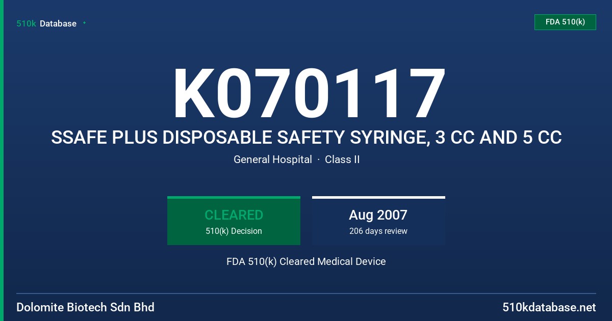 K070117 SSAFE PLUS DISPOSABLE SAFETY SYRINGE, 3 CC AND 5 CC FDA 510(k) Cleared Medical Device