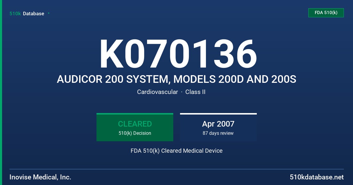 K070136 AUDICOR 200 SYSTEM, MODELS 200D AND 200S FDA 510(k) Cleared Medical Device