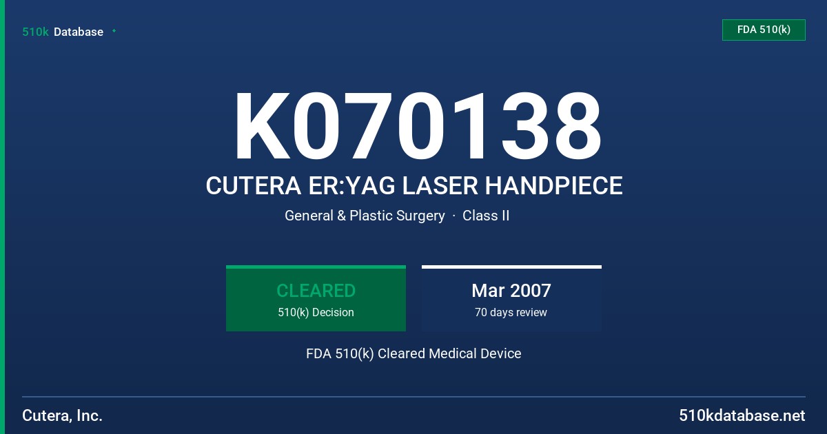 K070138 CUTERA ER:YAG LASER HANDPIECE FDA 510(k) Cleared Medical Device