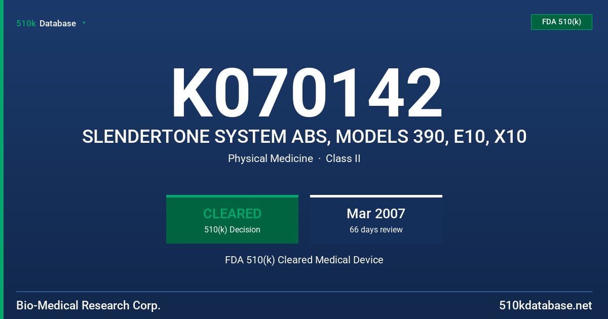 K070142 SLENDERTONE SYSTEM ABS, MODELS 390, E10, X10 FDA 510(k) Cleared Medical Device