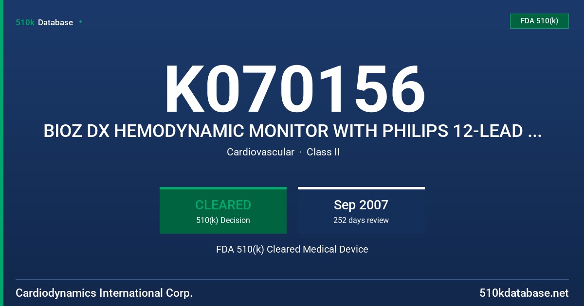 K070156 BIOZ DX HEMODYNAMIC MONITOR WITH PHILIPS 12-LEAD ECG, MODEL 5100 FDA 510(k) Cleared Medical Device