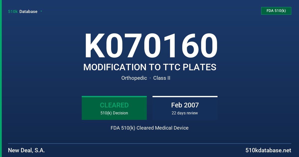 K070160 MODIFICATION TO TTC PLATES FDA 510(k) Cleared Medical Device