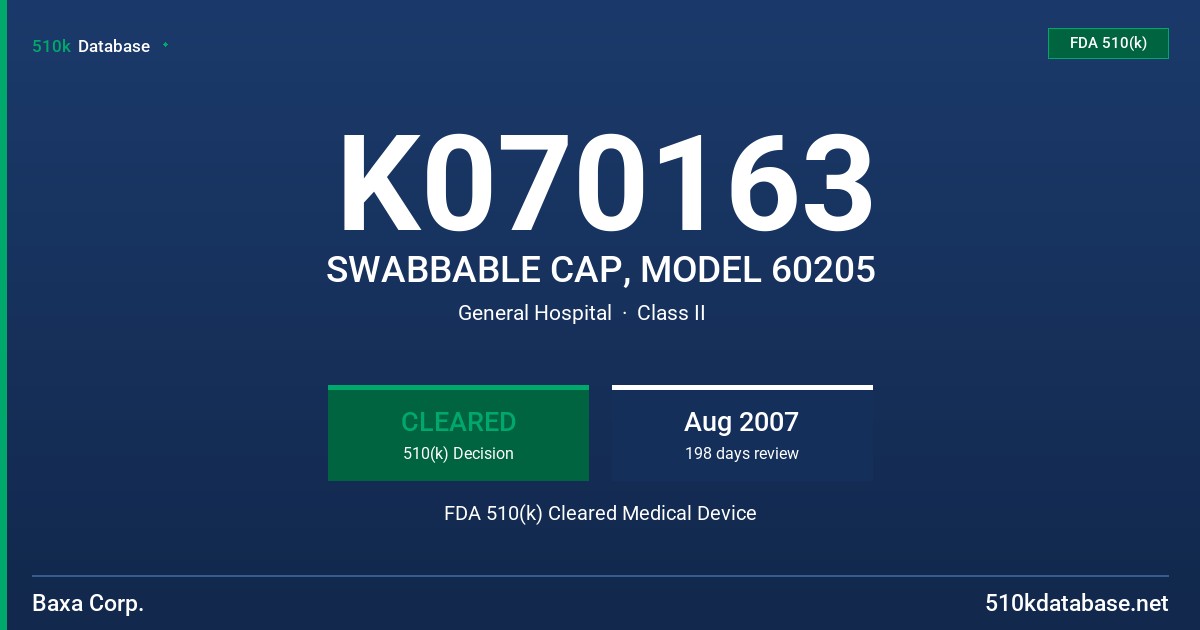 K070163 SWABBABLE CAP, MODEL 60205 FDA 510(k) Cleared Medical Device