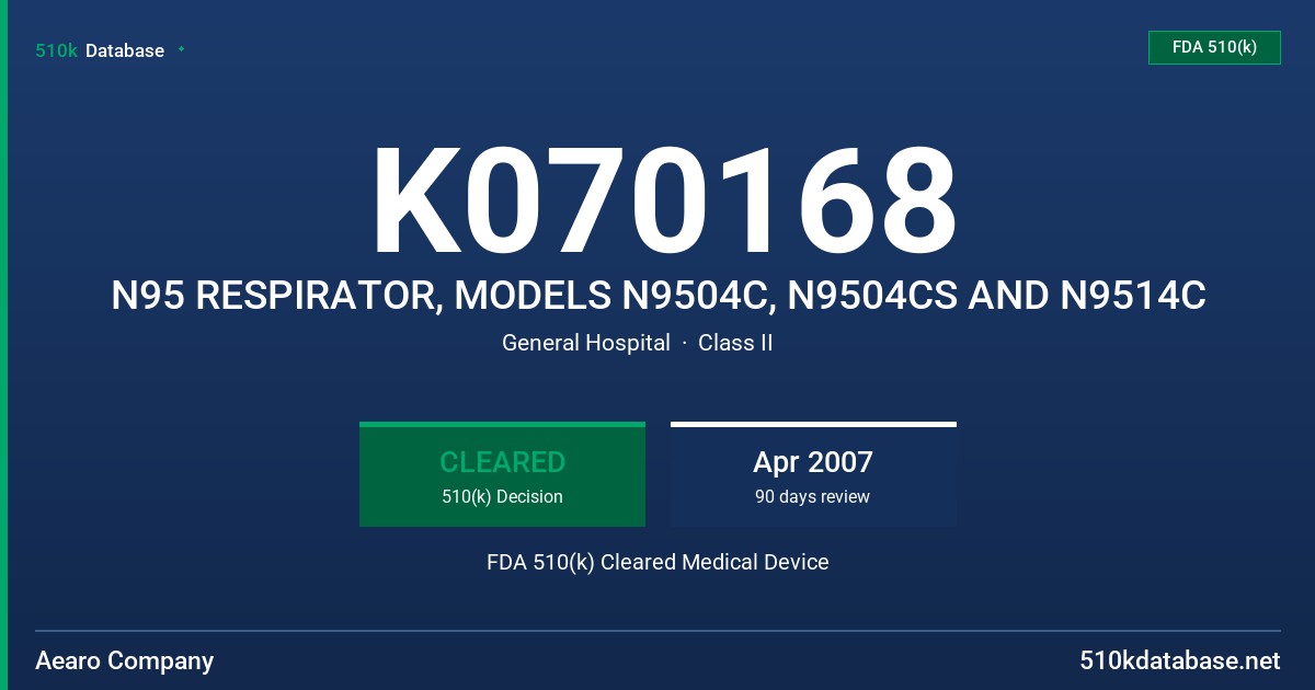 K070168 N95 RESPIRATOR, MODELS N9504C, N9504CS AND N9514C FDA 510(k) Cleared Medical Device