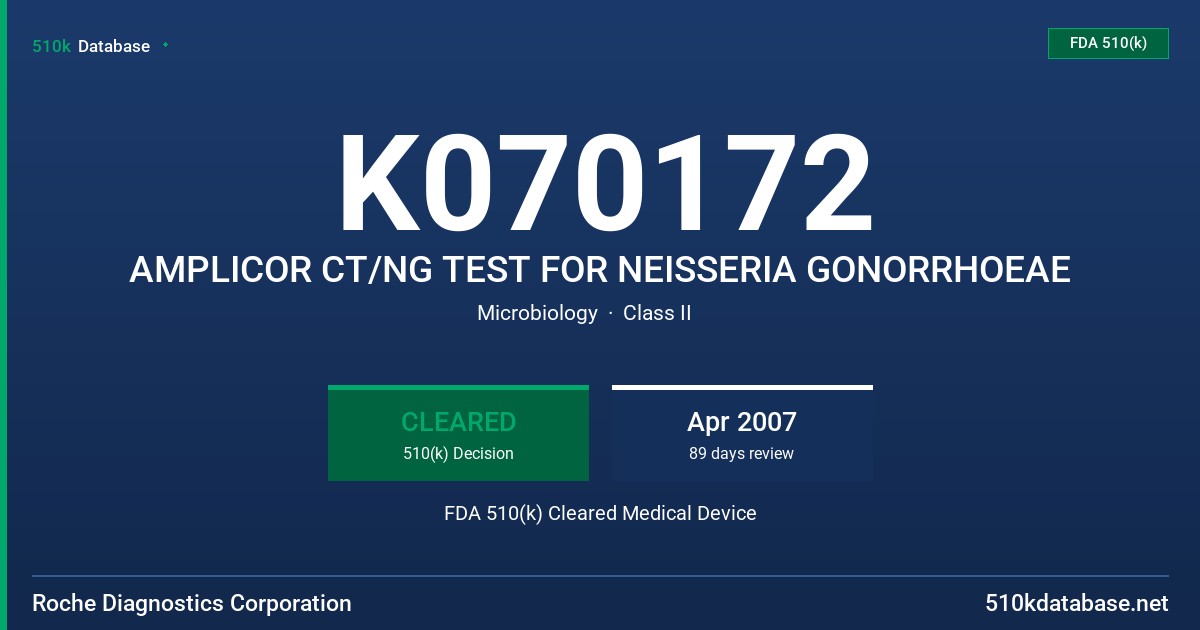 K070172 AMPLICOR CT/NG TEST FOR NEISSERIA GONORRHOEAE FDA 510(k) Cleared Medical Device