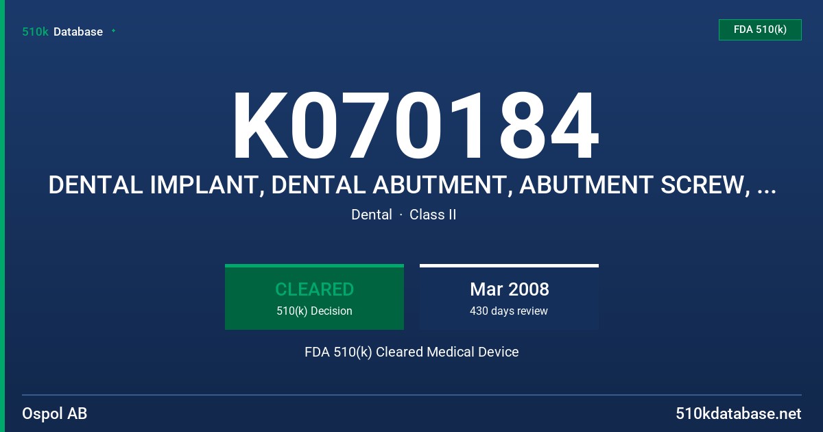 K070184 DENTAL IMPLANT, DENTAL ABUTMENT, ABUTMENT SCREW, COVER SCREW, HEALING ABUTMENT FDA 510(k) Cleared Medical Device