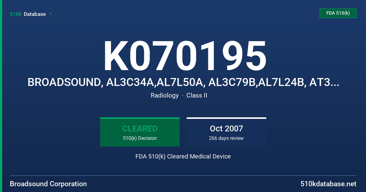 K070195 BROADSOUND, AL3C34A,AL7L50A, AL3C79B,AL7L24B, AT3P42A, AT3C52B, ATL5L40B, AT3P32A, AT3C42B FDA 510(k) Cleared Medical Device