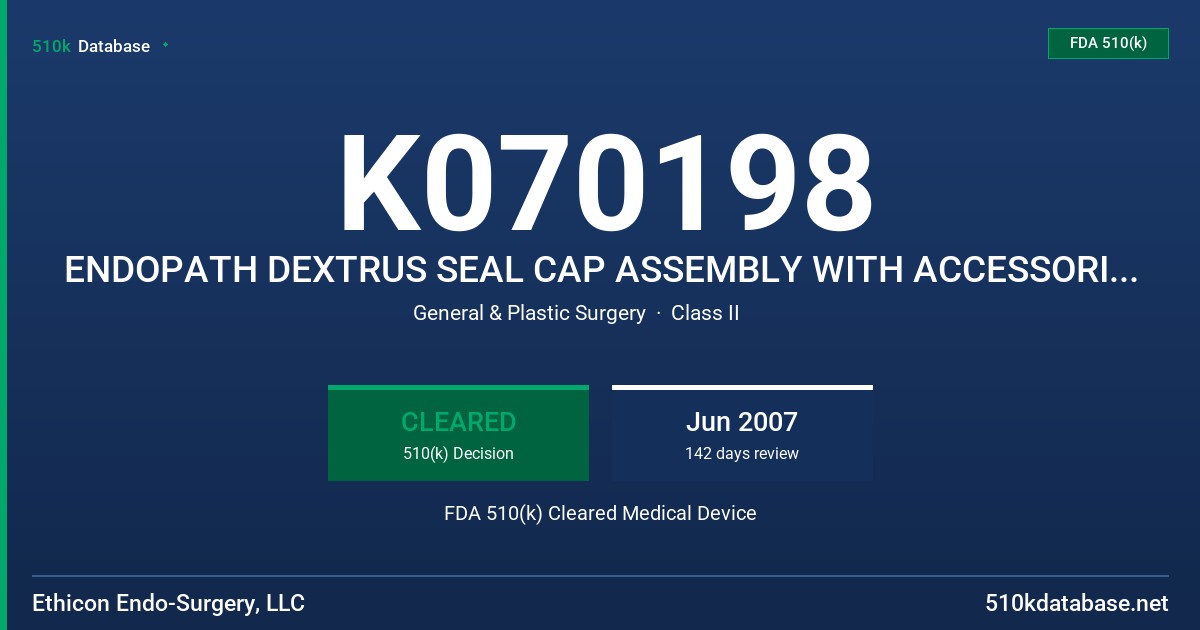 K070198 ENDOPATH DEXTRUS SEAL CAP ASSEMBLY WITH ACCESSORIES AND ENDOPATH DEXTRUS FIXED-LENGTH ACCESS RETRACTORS,  HAP02 FDA 510(k) Cleared Medical Device