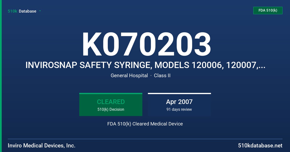 K070203 INVIROSNAP SAFETY SYRINGE, MODELS 120006, 120007, 120008, 100080, 130022, 130023 AND 130024 FDA 510(k) Cleared Medical Device