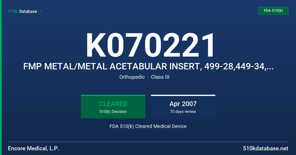 K070221 FMP METAL/METAL ACETABULAR INSERT, 499-28,449-34, 499-38 FDA 510(k) Cleared Medical Device