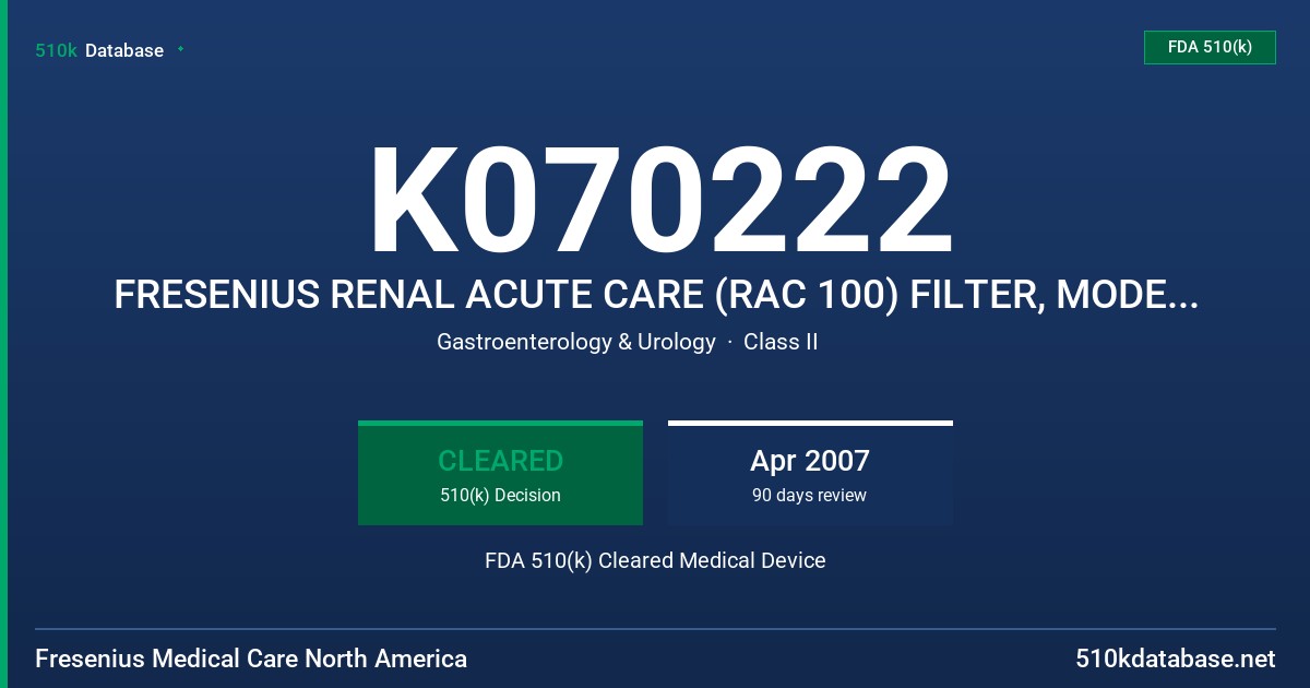K070222 FRESENIUS RENAL ACUTE CARE (RAC 100) FILTER, MODEL 0500610N FDA 510(k) Cleared Medical Device