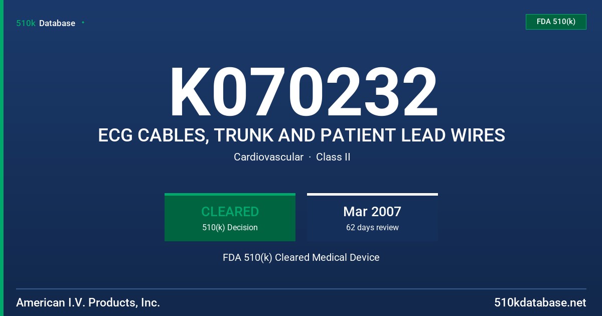 K070232 ECG CABLES, TRUNK AND PATIENT LEAD WIRES FDA 510(k) Cleared Medical Device